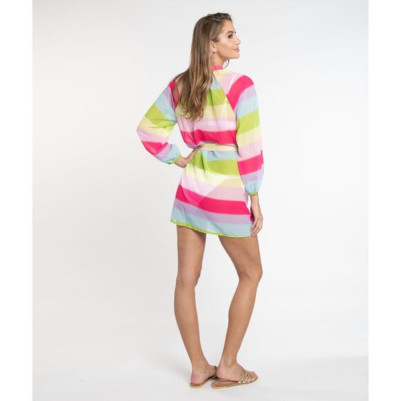 Colorful Rainbow Stripe Tunic Surf Resort Beach Sheer CoverUp M Pastel Colorful - Picture 5 of 15